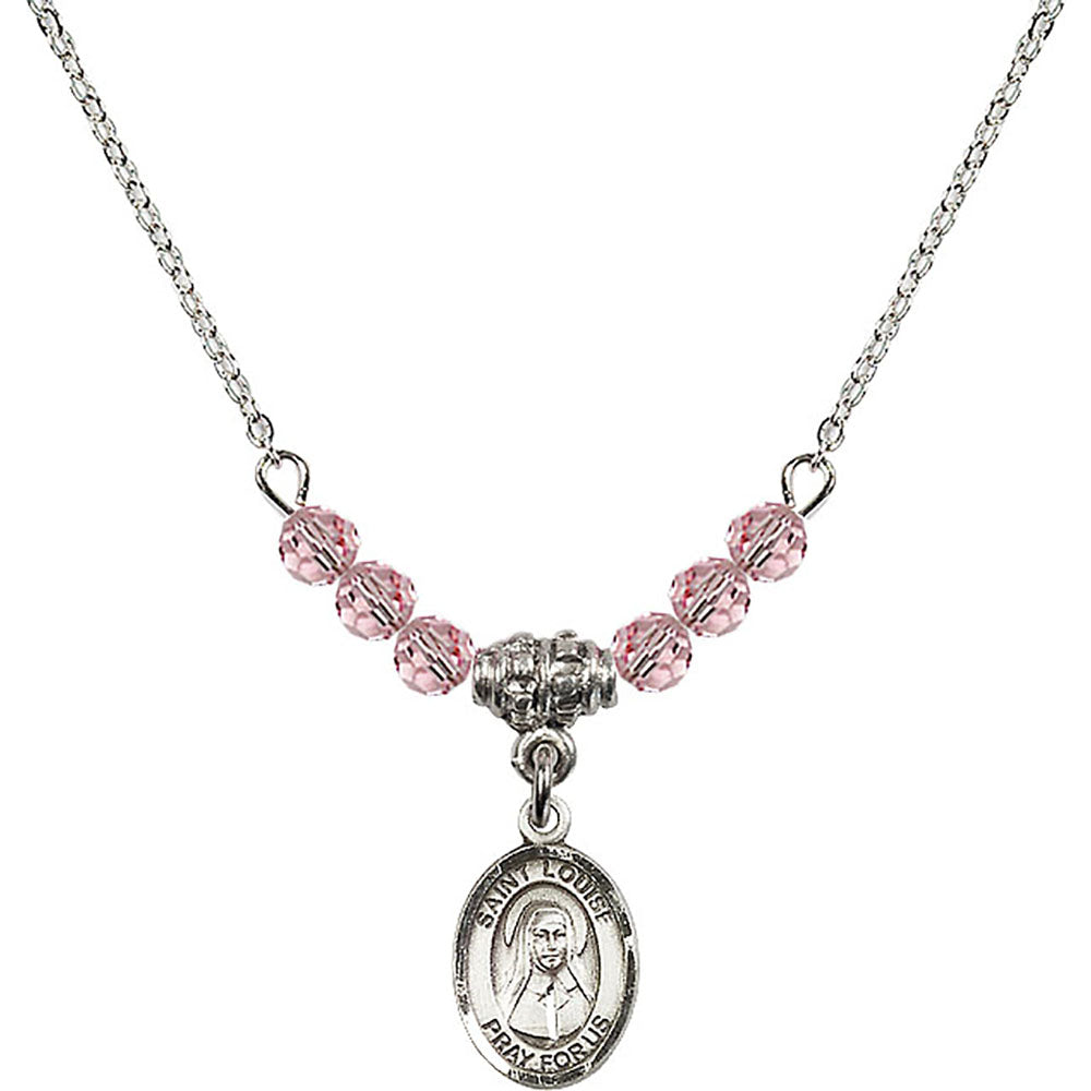 Sterling Silver Saint Louise de Marillac Birthstone Necklace with Light Rose Beads - 9064
