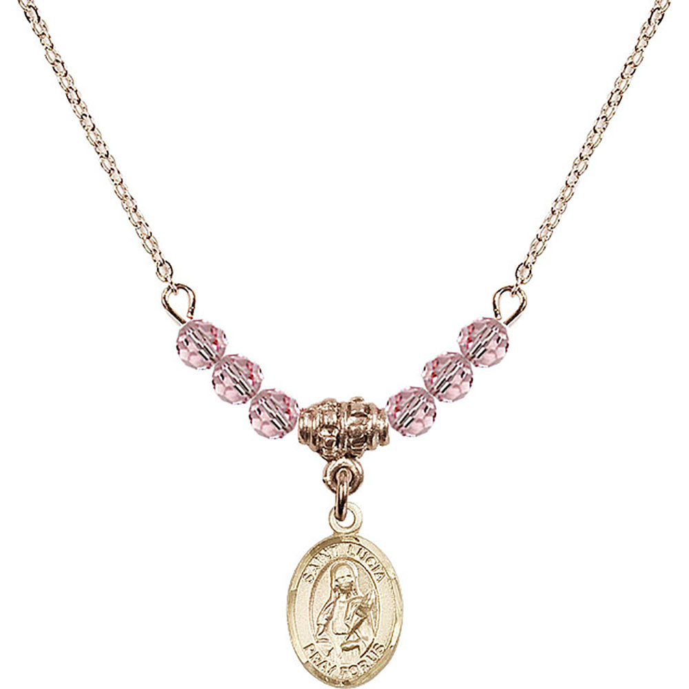 14kt Gold Filled Saint Lucia of Syracuse Birthstone Necklace with Light Rose Beads - 9065