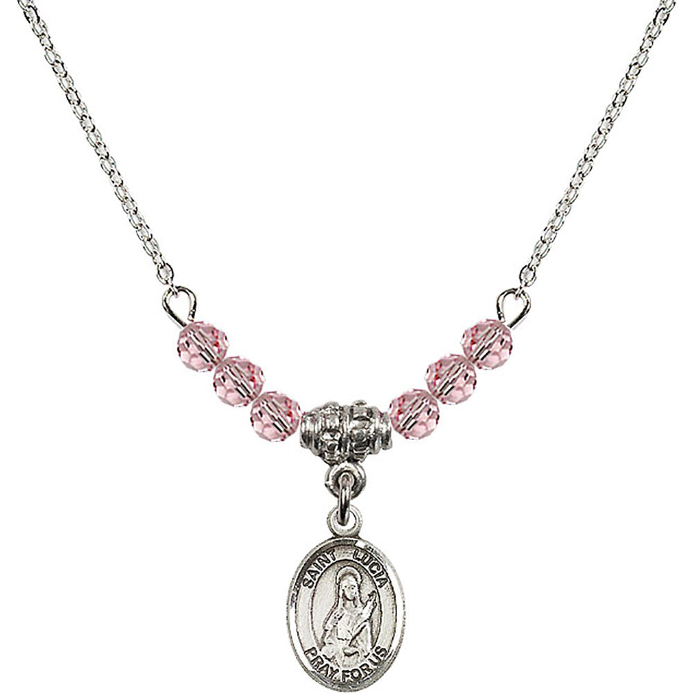 Sterling Silver Saint Lucia of Syracuse Birthstone Necklace with Light Rose Beads - 9065