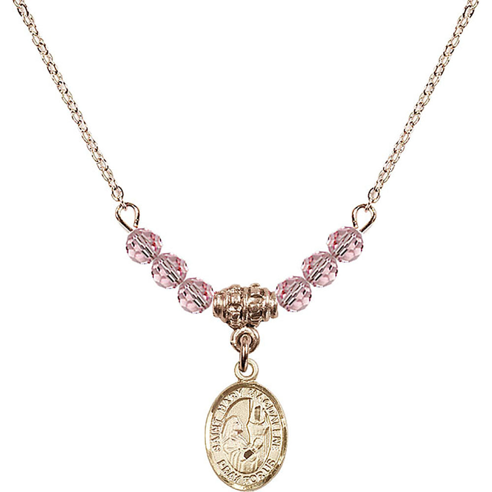 14kt Gold Filled Saint Mary Magdalene Birthstone Necklace with Light Rose Beads - 9071