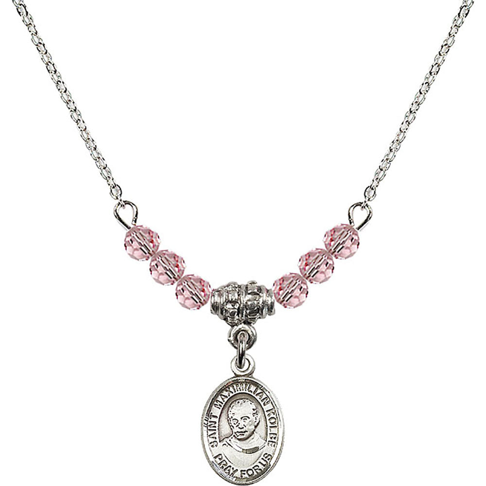 Sterling Silver Saint Maximilian Kolbe Birthstone Necklace with Light Rose Beads - 9073