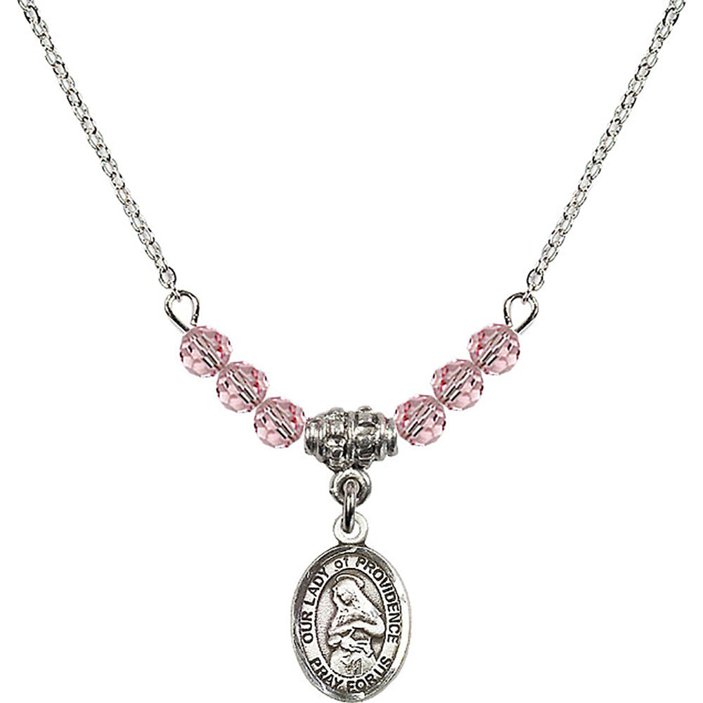 Sterling Silver Our Lady of Providence Birthstone Necklace with Light Rose Beads - 9087