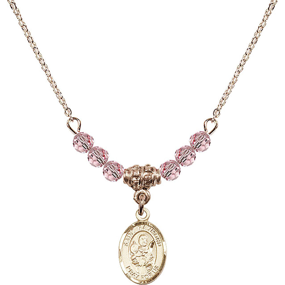 14kt Gold Filled Saint Raymond Nonnatus Birthstone Necklace with Light Rose Beads - 9091