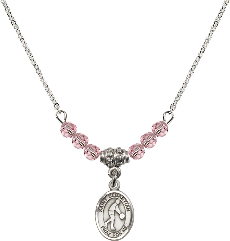 Sterling Silver Saint Sebastian/Basketball Birthstone Necklace with Light Rose Beads - 9163