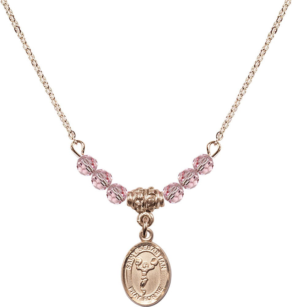 14kt Gold Filled Saint Sebastian/Cheerleading Birthstone Necklace with Light Rose Beads - 9170