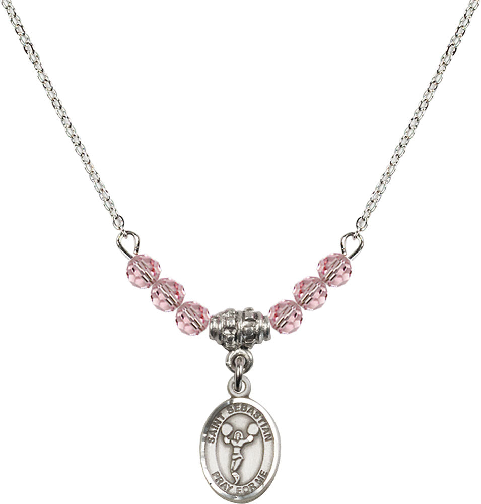 Sterling Silver Saint Sebastian/Cheerleading Birthstone Necklace with Light Rose Beads - 9170