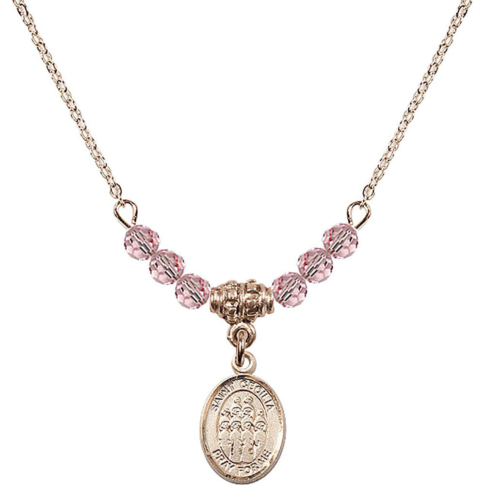 14kt Gold Filled Saint Cecilia / Choir Birthstone Necklace with Light Rose Beads - 9180