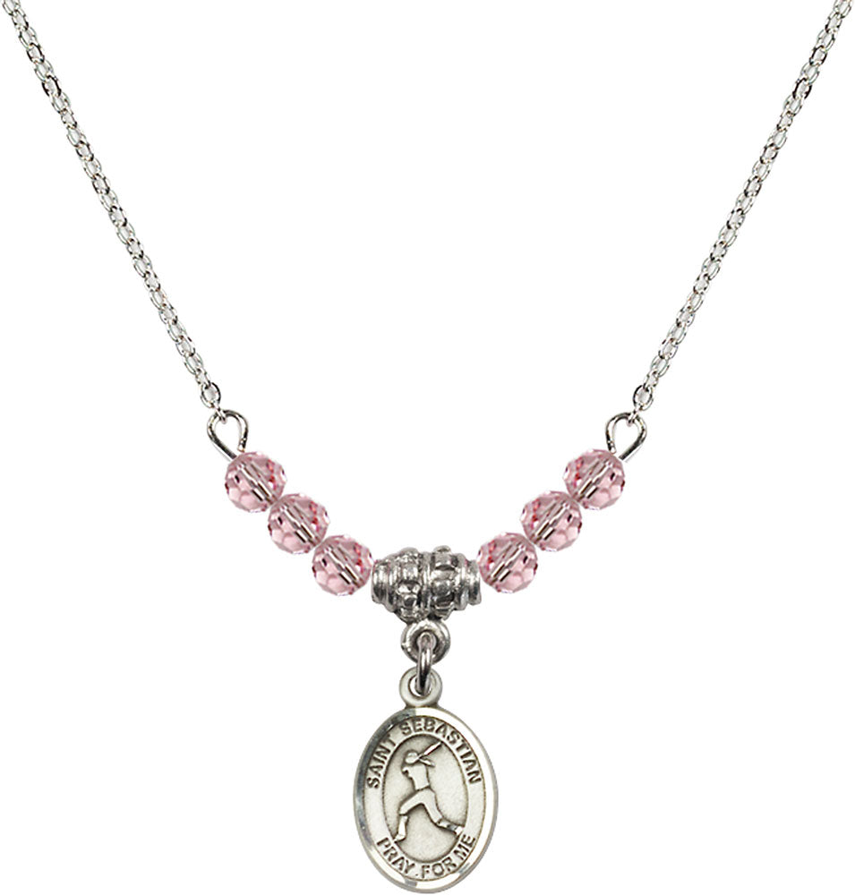 Sterling Silver Saint Sebastian/Softball Birthstone Necklace with Light Rose Beads - 9183