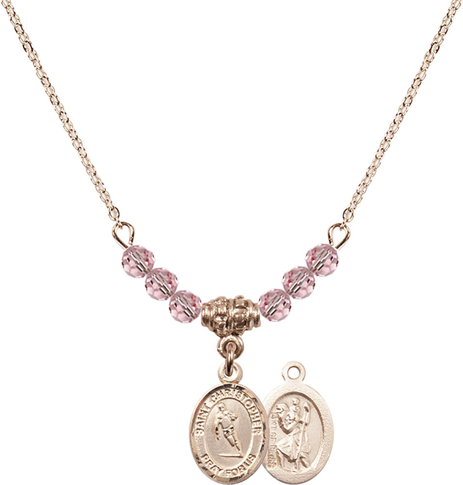 14kt Gold Filled Saint Christopher / Rugby Birthstone Necklace with Light Rose Beads - 9194