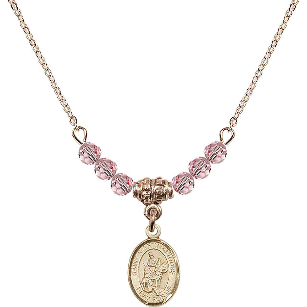 14kt Gold Filled Saint Martin of Tours Birthstone Necklace with Light Rose Beads - 9200