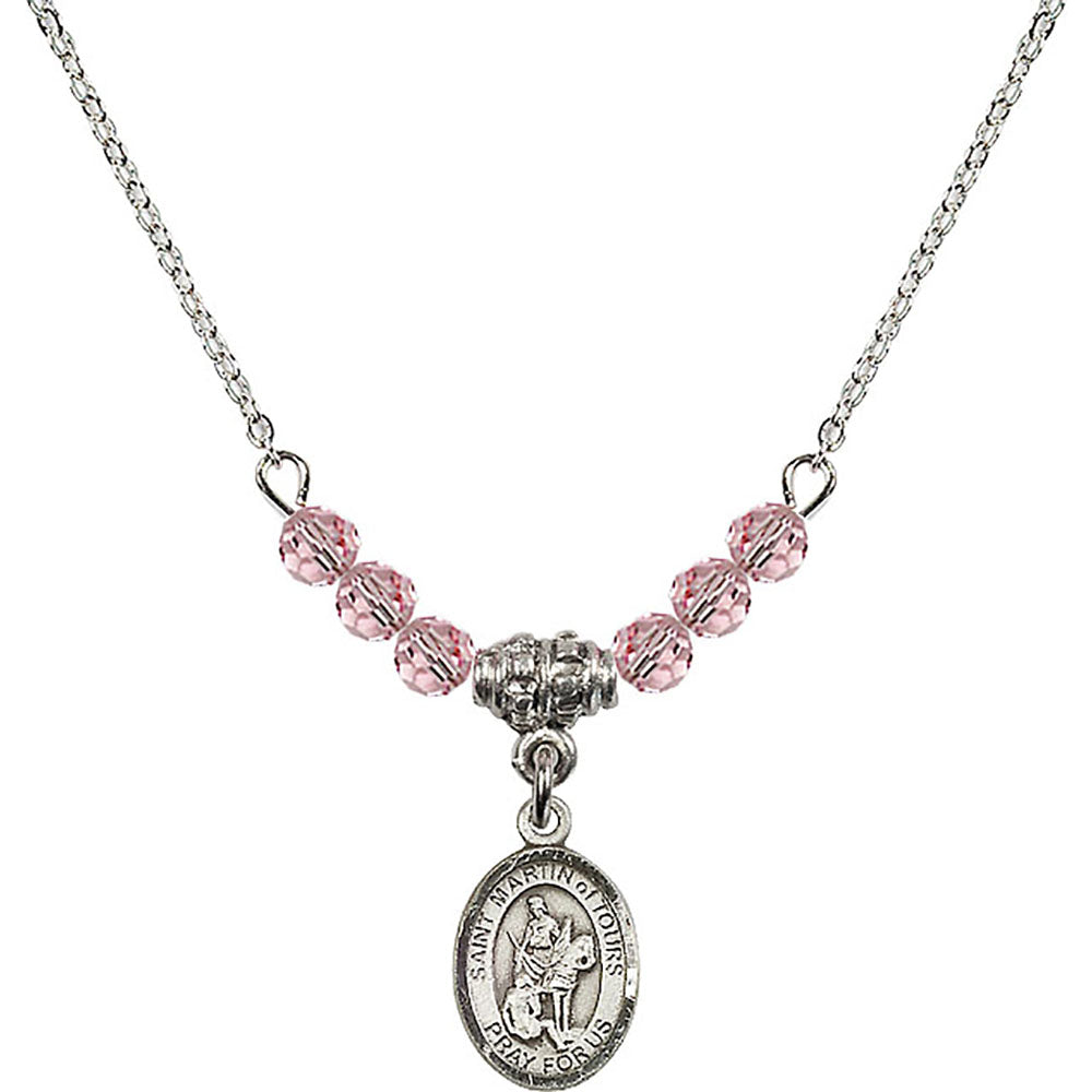 Sterling Silver Saint Martin of Tours Birthstone Necklace with Light Rose Beads - 9200