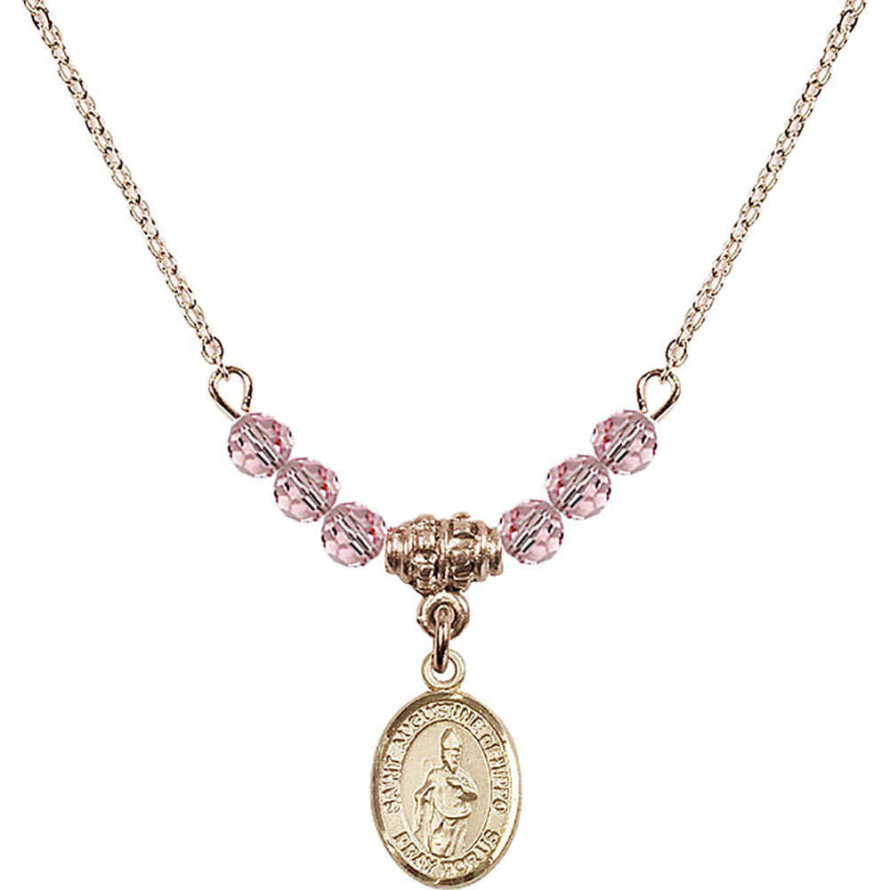 14kt Gold Filled Saint Augustine of Hippo Birthstone Necklace with Light Rose Beads - 9202