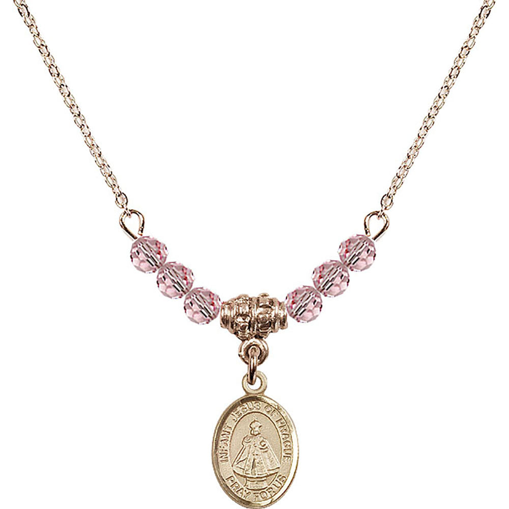 14kt Gold Filled Infant of Prague Birthstone Necklace with Light Rose Beads - 9207