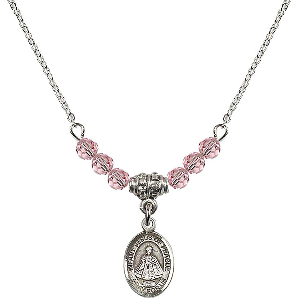 Sterling Silver Infant of Prague Birthstone Necklace with Light Rose Beads - 9207