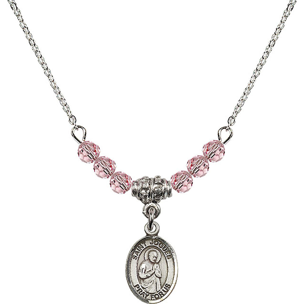 Sterling Silver Saint Isaac Jogues Birthstone Necklace with Light Rose Beads - 9212