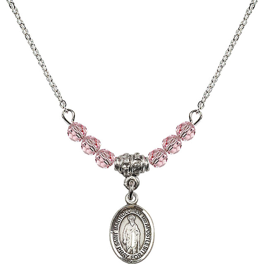 Sterling Silver Saint Bartholomew the Apostle Birthstone Necklace with Light Rose Beads - 9238
