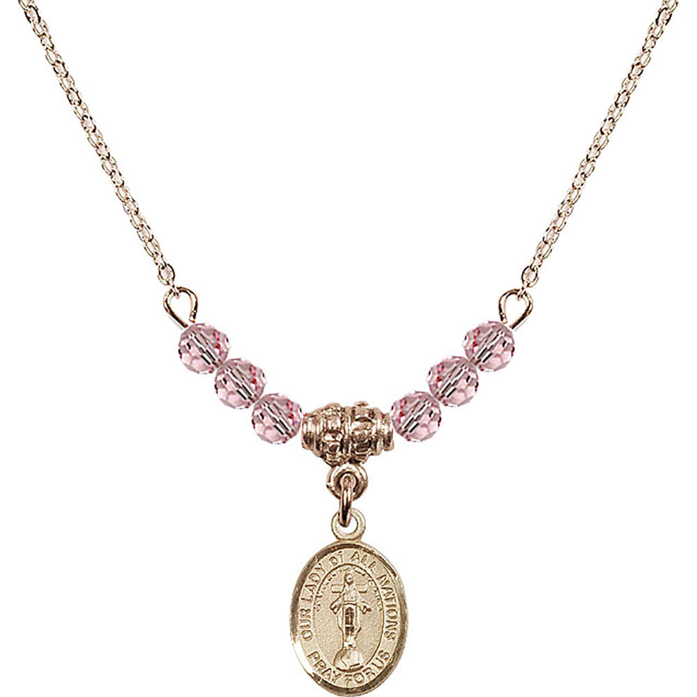 14kt Gold Filled Our Lady of All Nations Birthstone Necklace with Light Rose Beads - 9242