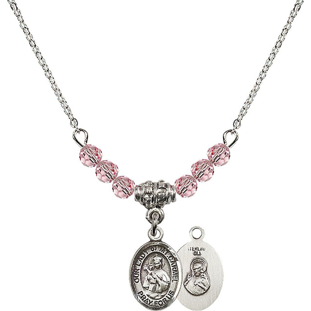 Sterling Silver Our Lady of Mount Carmel Birthstone Necklace with Light Rose Beads - 9243