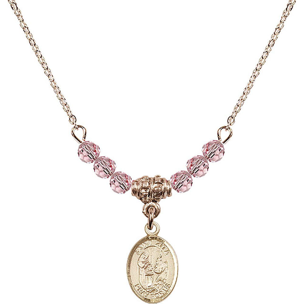 14kt Gold Filled Saint Zita Birthstone Necklace with Light Rose Beads - 9244
