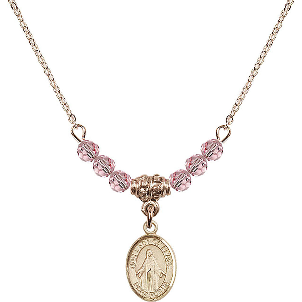 14kt Gold Filled Our Lady of Peace Birthstone Necklace with Light Rose Beads - 9245