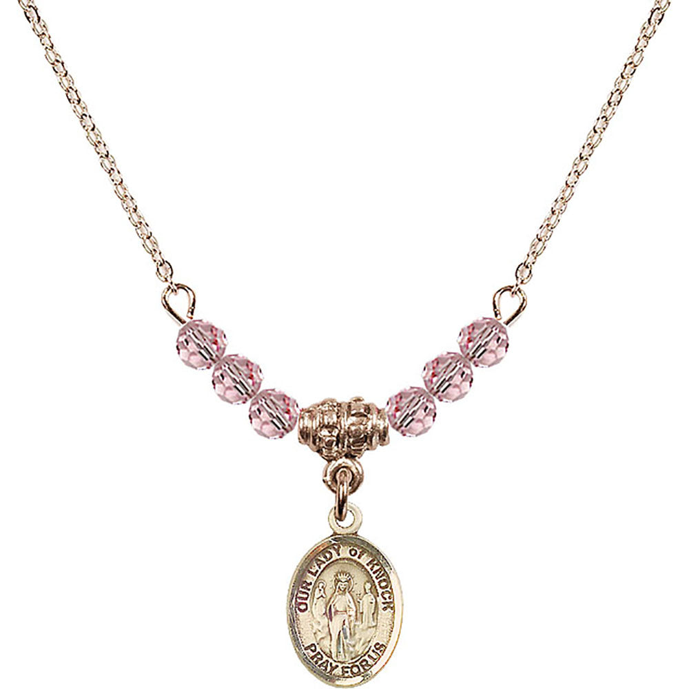14kt Gold Filled Our Lady of Knock Birthstone Necklace with Light Rose Beads - 9246