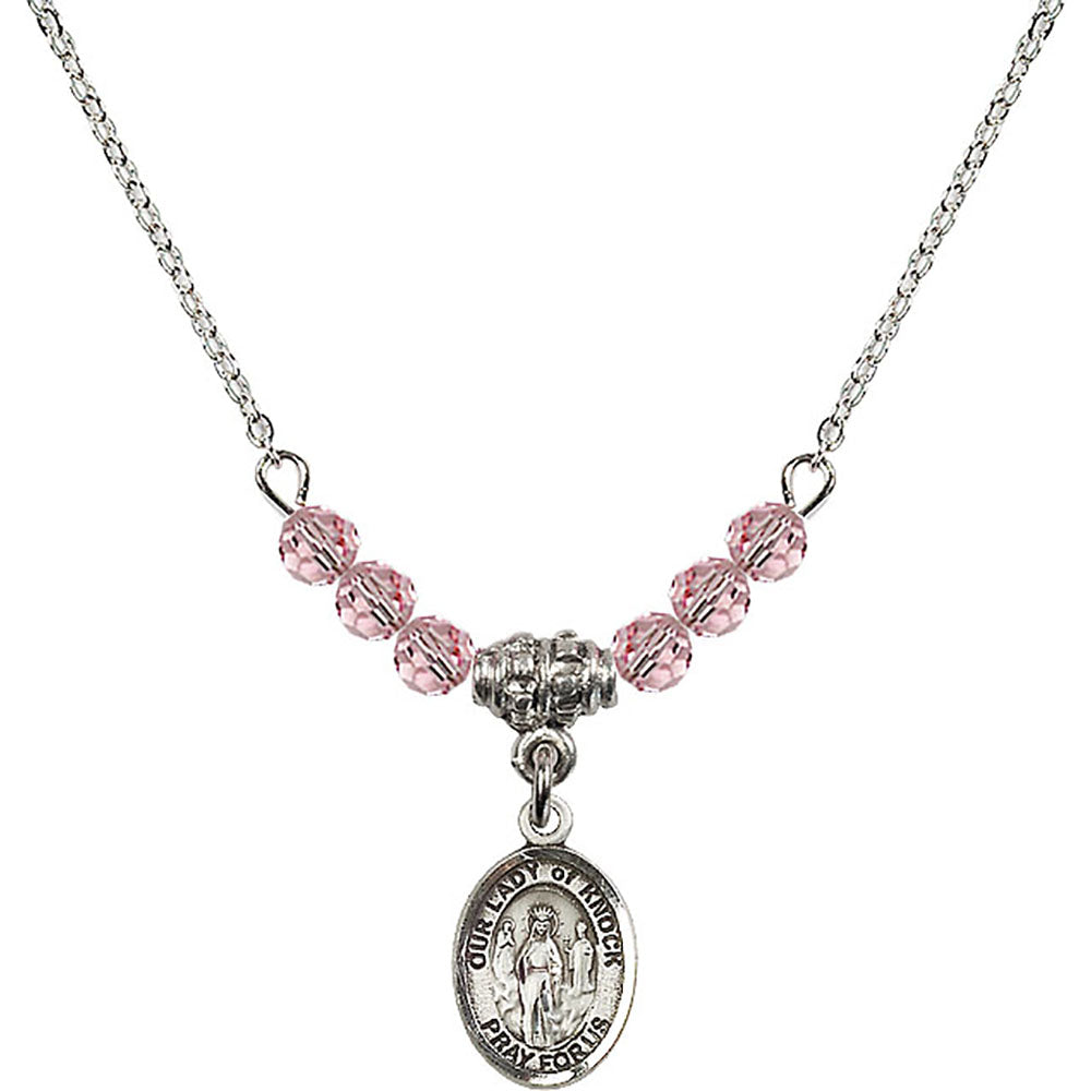 Sterling Silver Our Lady of Knock Birthstone Necklace with Light Rose Beads - 9246