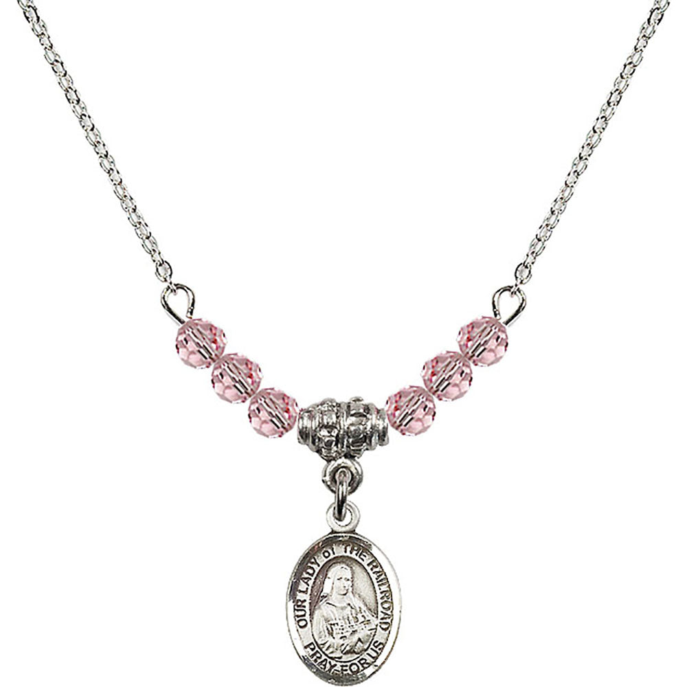 Sterling Silver Our Lady of the Railroad Birthstone Necklace with Light Rose Beads - 9247