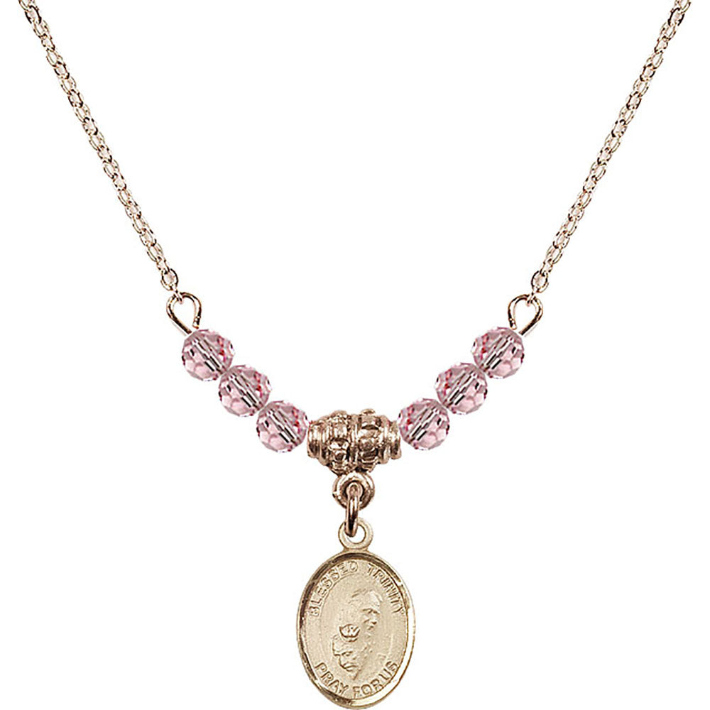 14kt Gold Filled Blessed Trinity Birthstone Necklace with Light Rose Beads - 9249