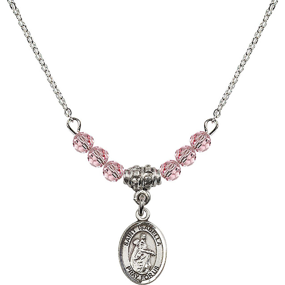 Sterling Silver Saint Isabella of Portugal Birthstone Necklace with Light Rose Beads - 9250