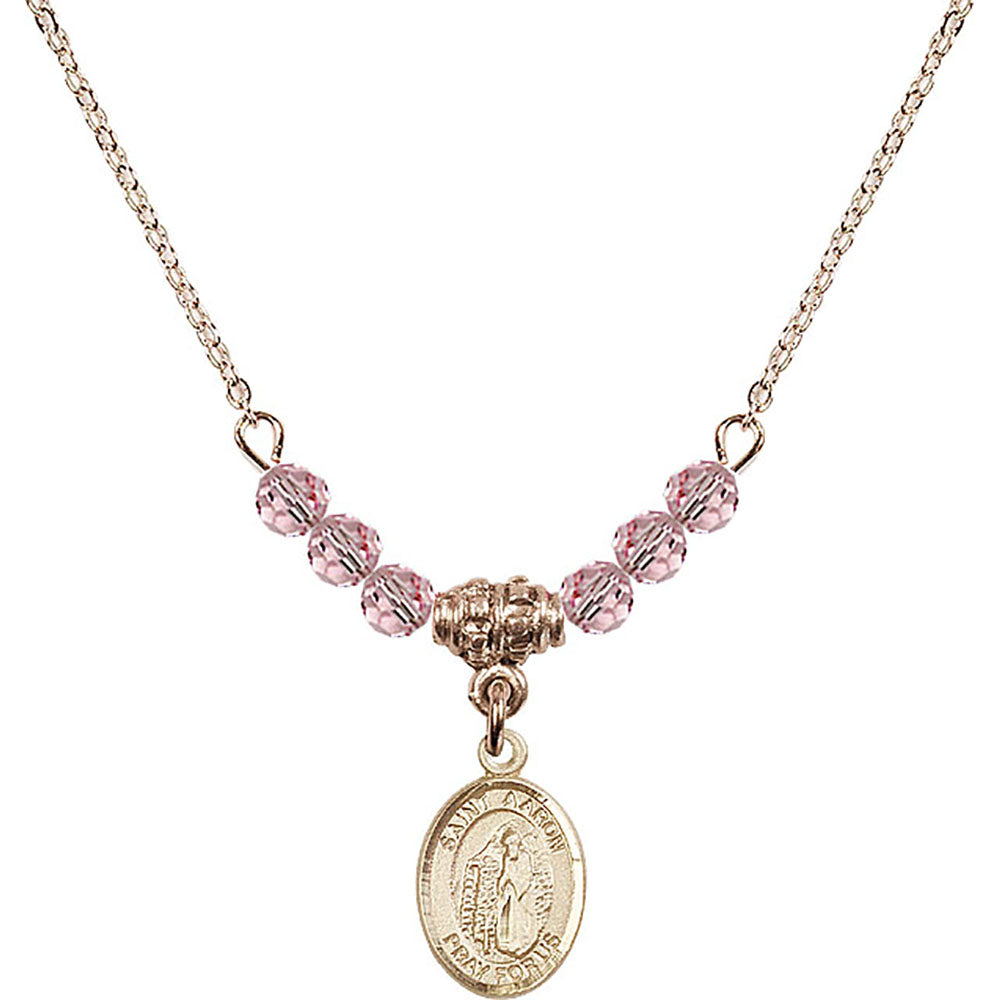 14kt Gold Filled Saint Aaron Birthstone Necklace with Light Rose Beads - 9254