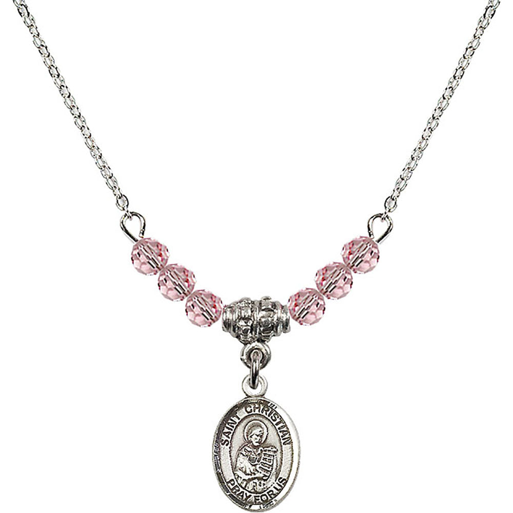 Sterling Silver Saint Christian Demosthenes Birthstone Necklace with Light Rose Beads - 9257