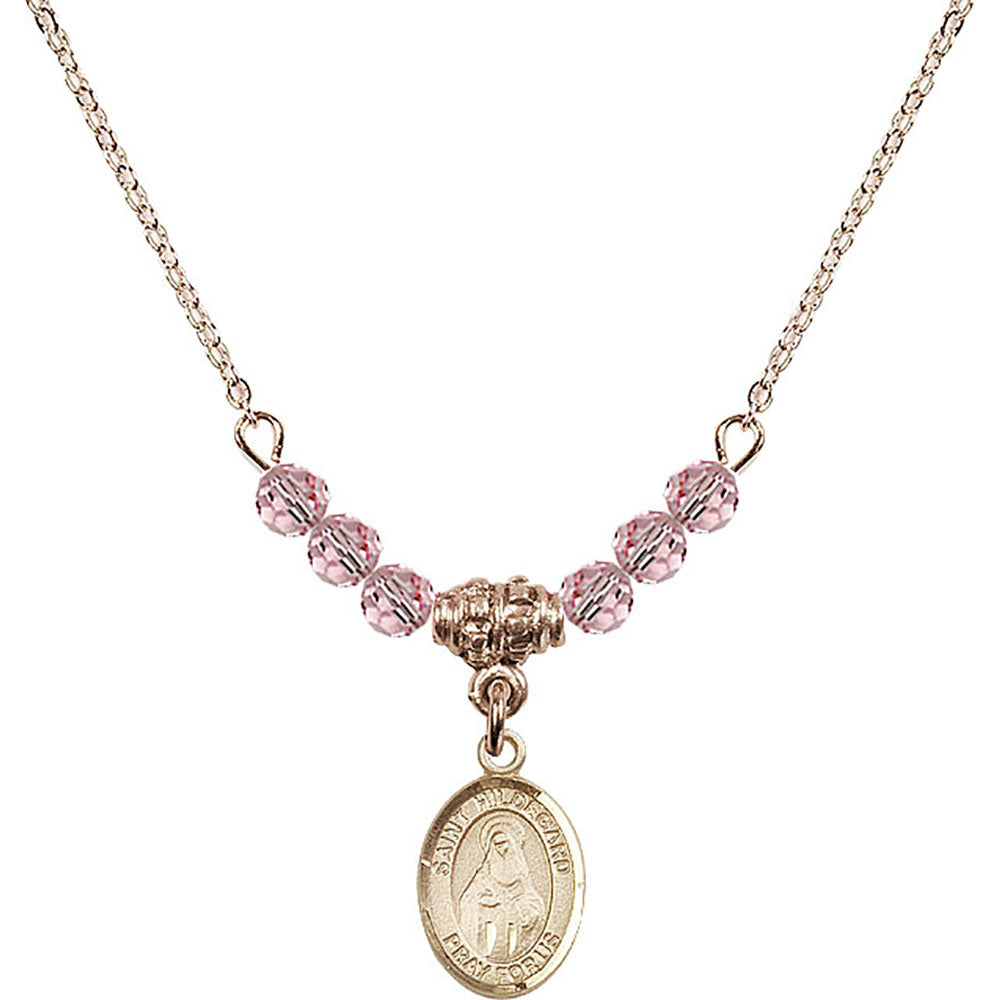 14kt Gold Filled Saint Hildegard von Bingen Birthstone Necklace with Light Rose Beads - 9260