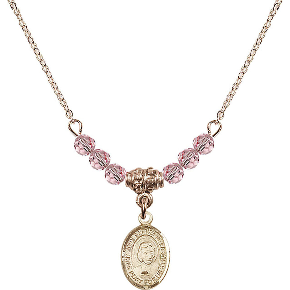 14kt Gold Filled Saint John Baptist de la Salle Birthstone Necklace with Light Rose Beads - 9262