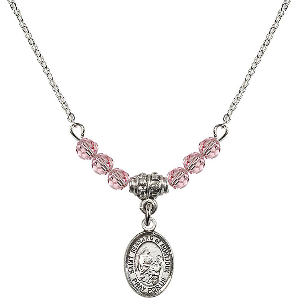 Sterling Silver Saint Bernard of Montjoux Birthstone Necklace with Light Rose Beads - 9264