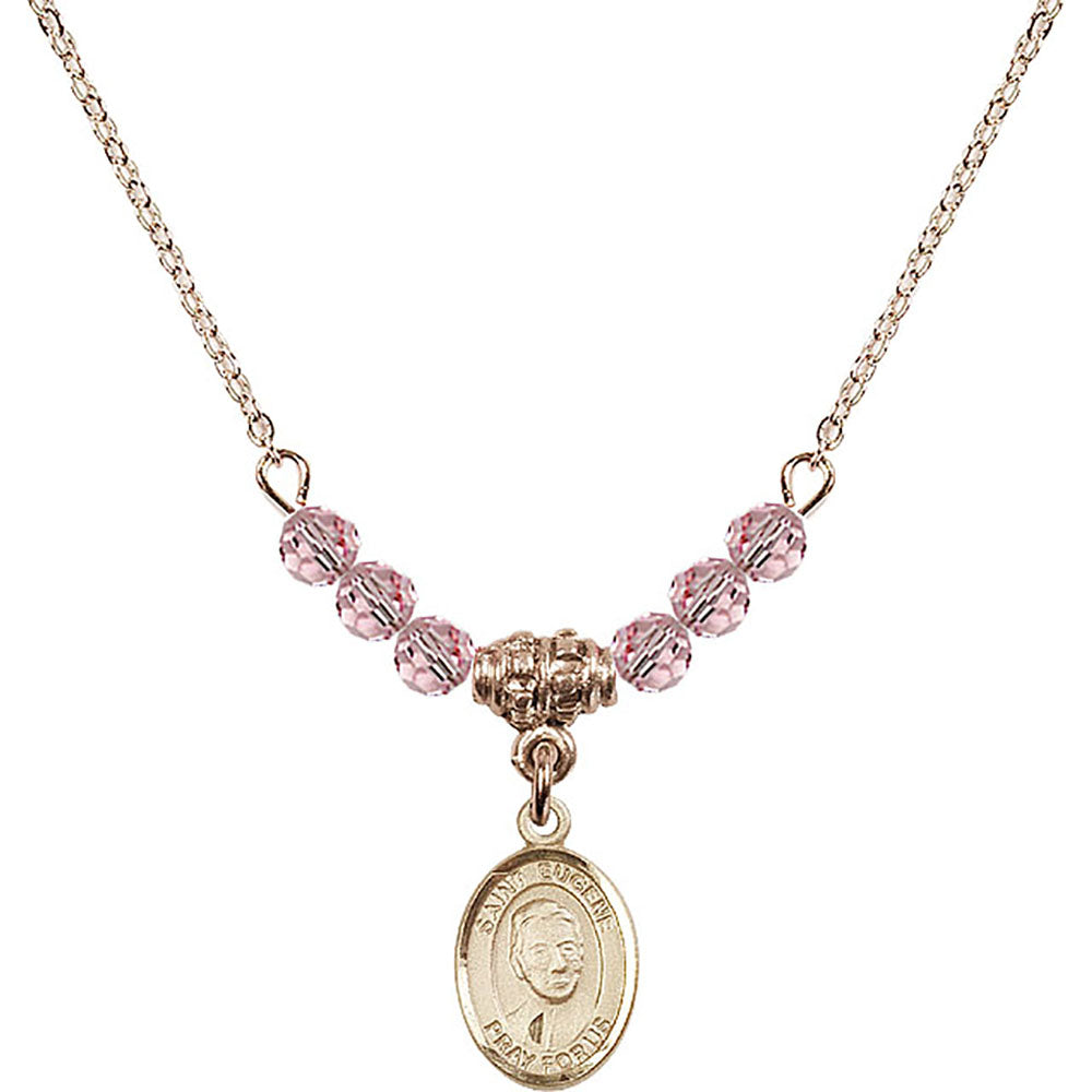 14kt Gold Filled Saint Eugene de Mazenod Birthstone Necklace with Light Rose Beads - 9266
