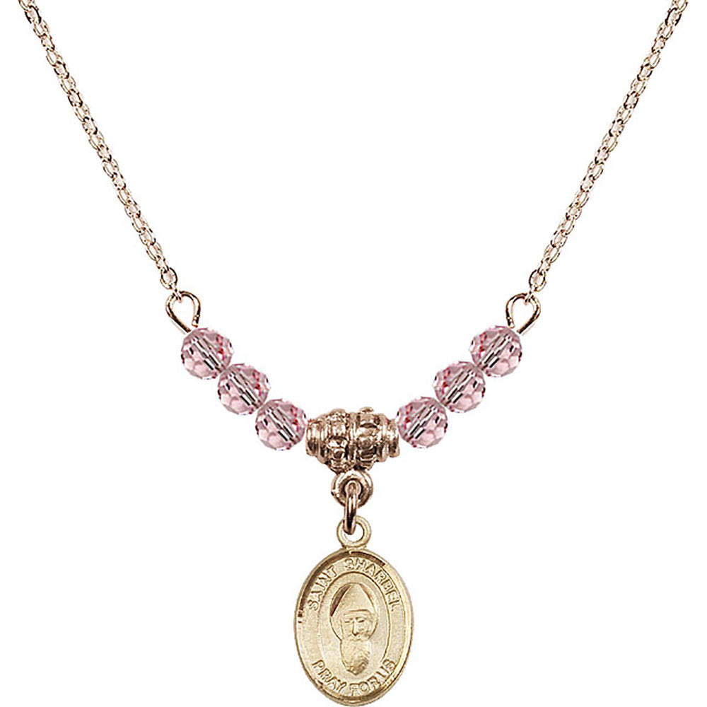 14kt Gold Filled Saint Sharbel Birthstone Necklace with Light Rose Beads - 9271