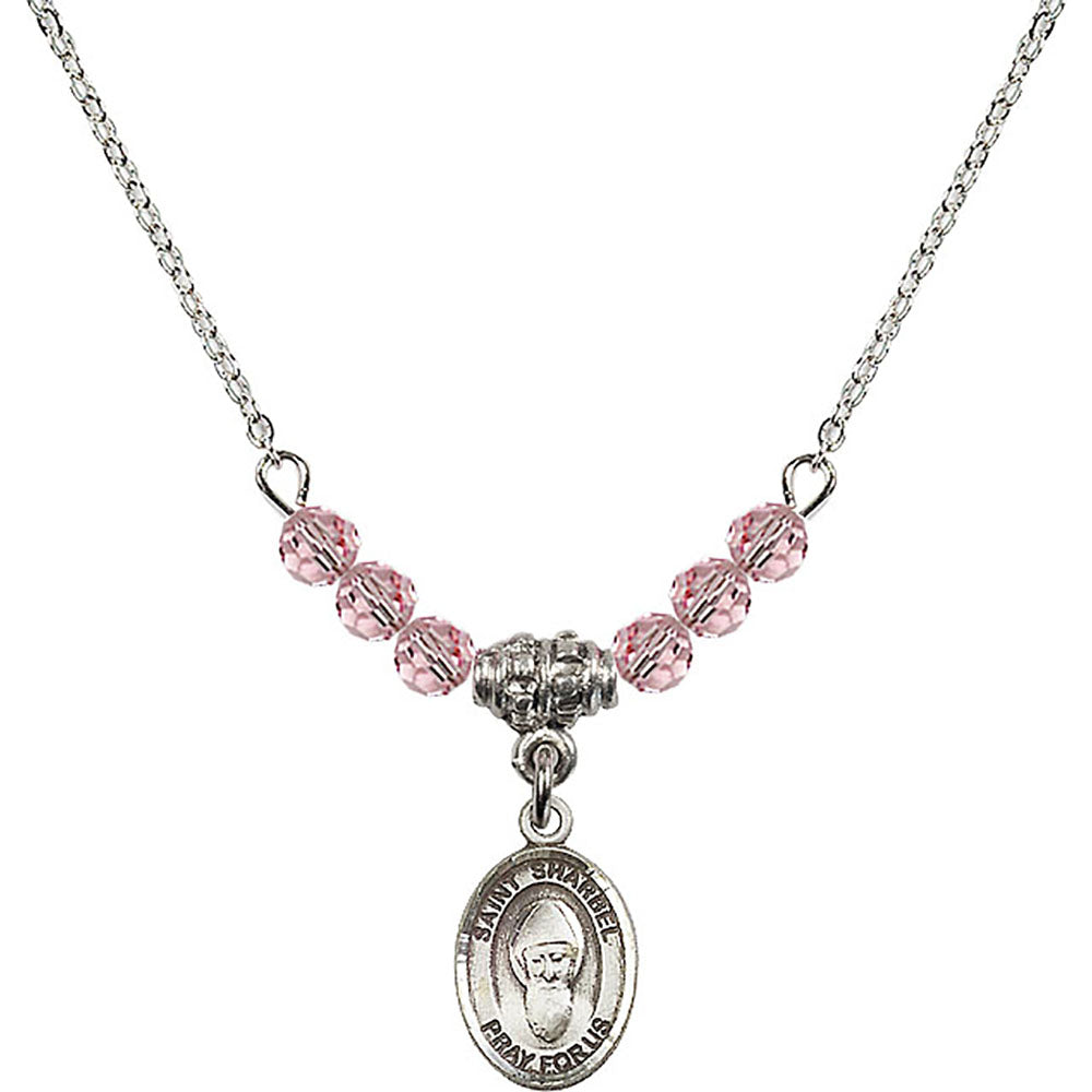 Sterling Silver Saint Sharbel Birthstone Necklace with Light Rose Beads - 9271