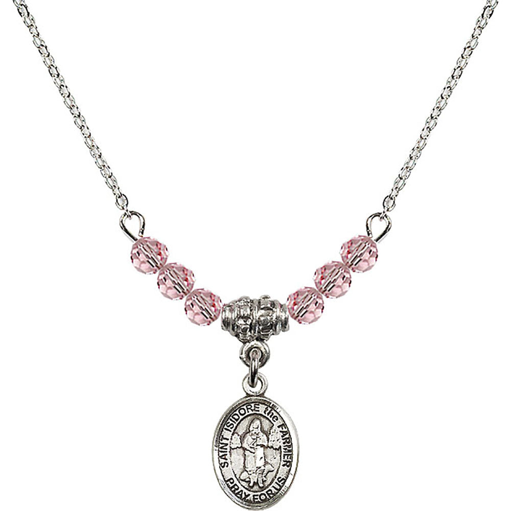 Sterling Silver Saint Isidore the Farmer Birthstone Necklace with Light Rose Beads - 9276