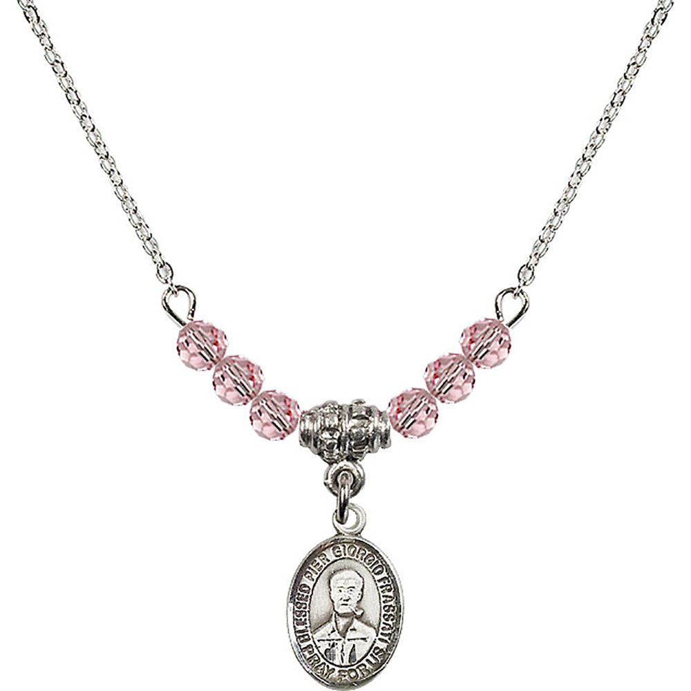 Sterling Silver Blessed Pier Giorgio Frassati Birthstone Necklace with Light Rose Beads - 9278
