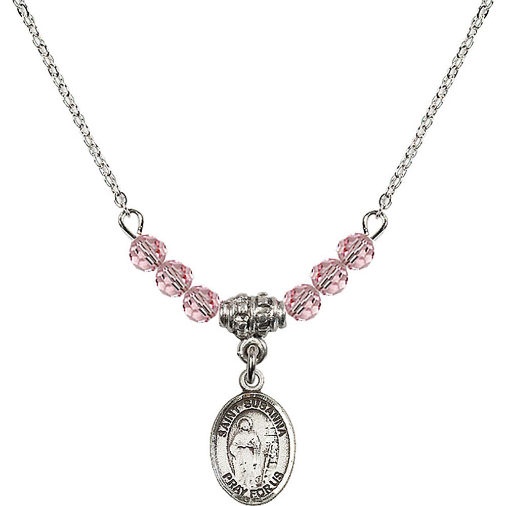 Sterling Silver Saint Susanna Birthstone Necklace with Light Rose Beads - 9280