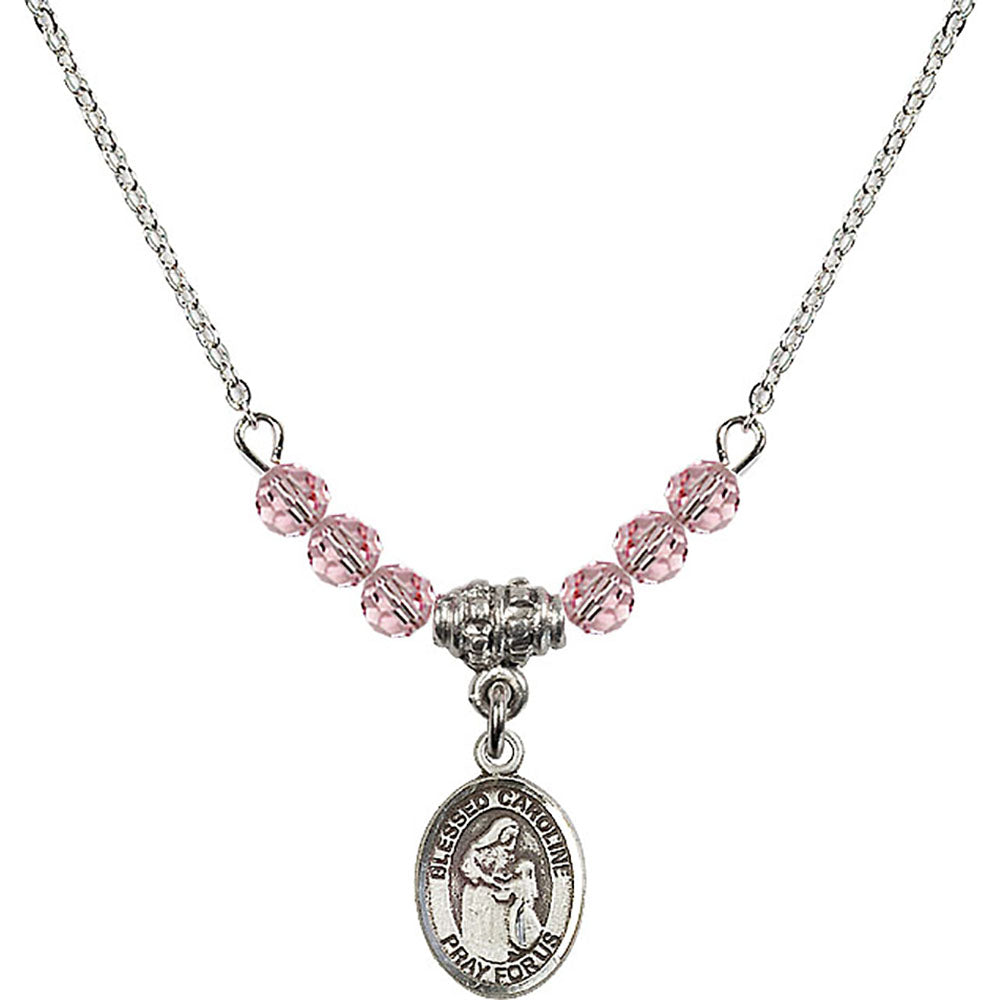 Sterling Silver Blessed Caroline Gerhardinger Birthstone Necklace with Light Rose Beads - 9281