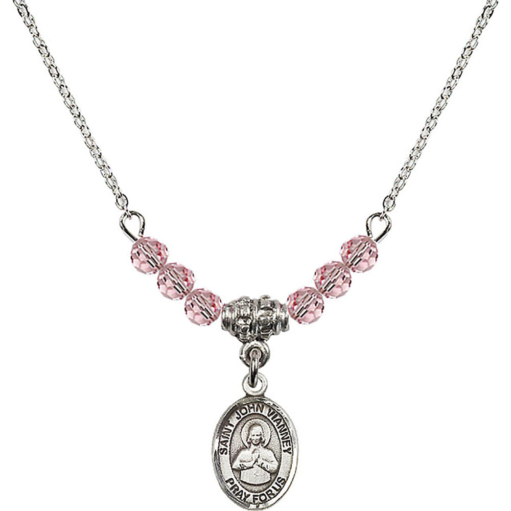 Sterling Silver Saint John Vianney Birthstone Necklace with Light Rose Beads - 9282