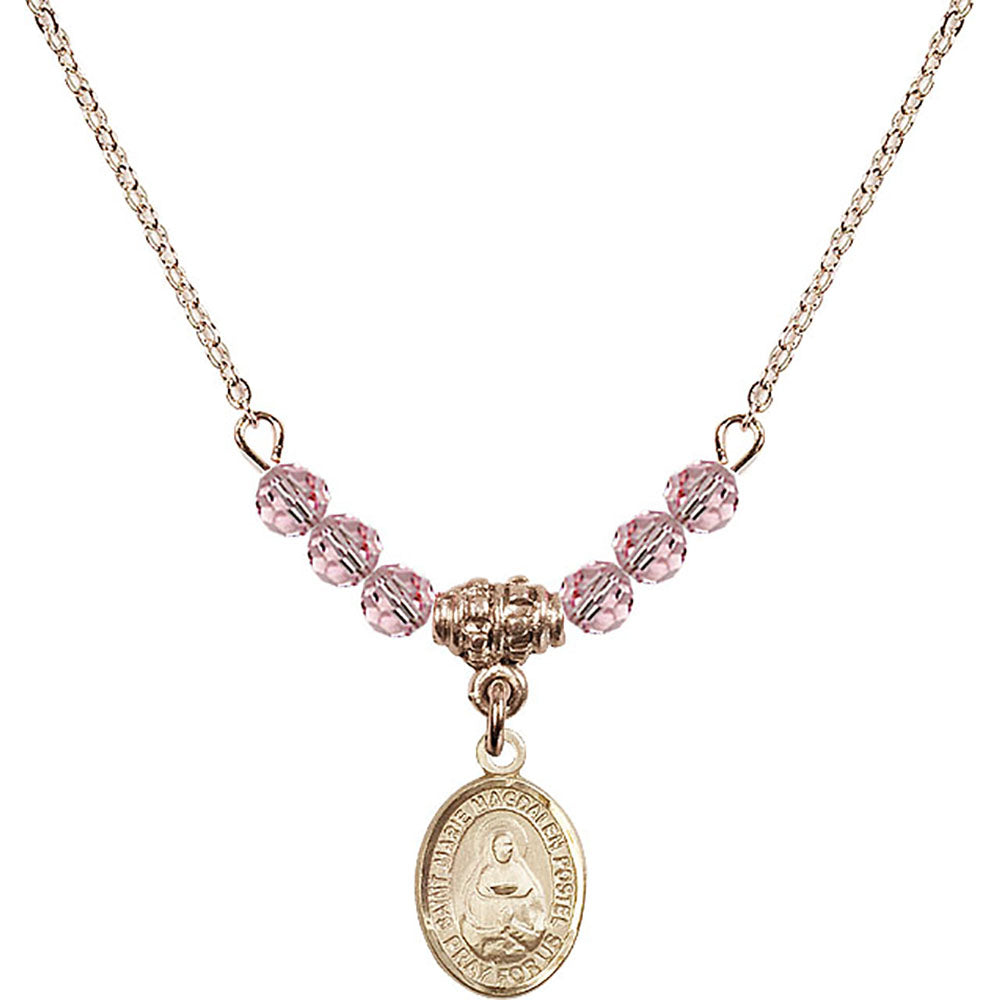 14kt Gold Filled Saint Marie Magdalen Postel Birthstone Necklace with Light Rose Beads - 9294
