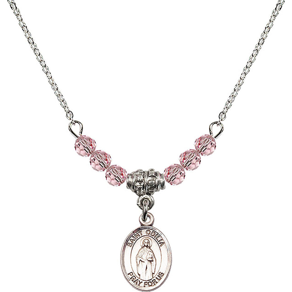 Sterling Silver Saint Odilia Birthstone Necklace with Light Rose Beads - 9319