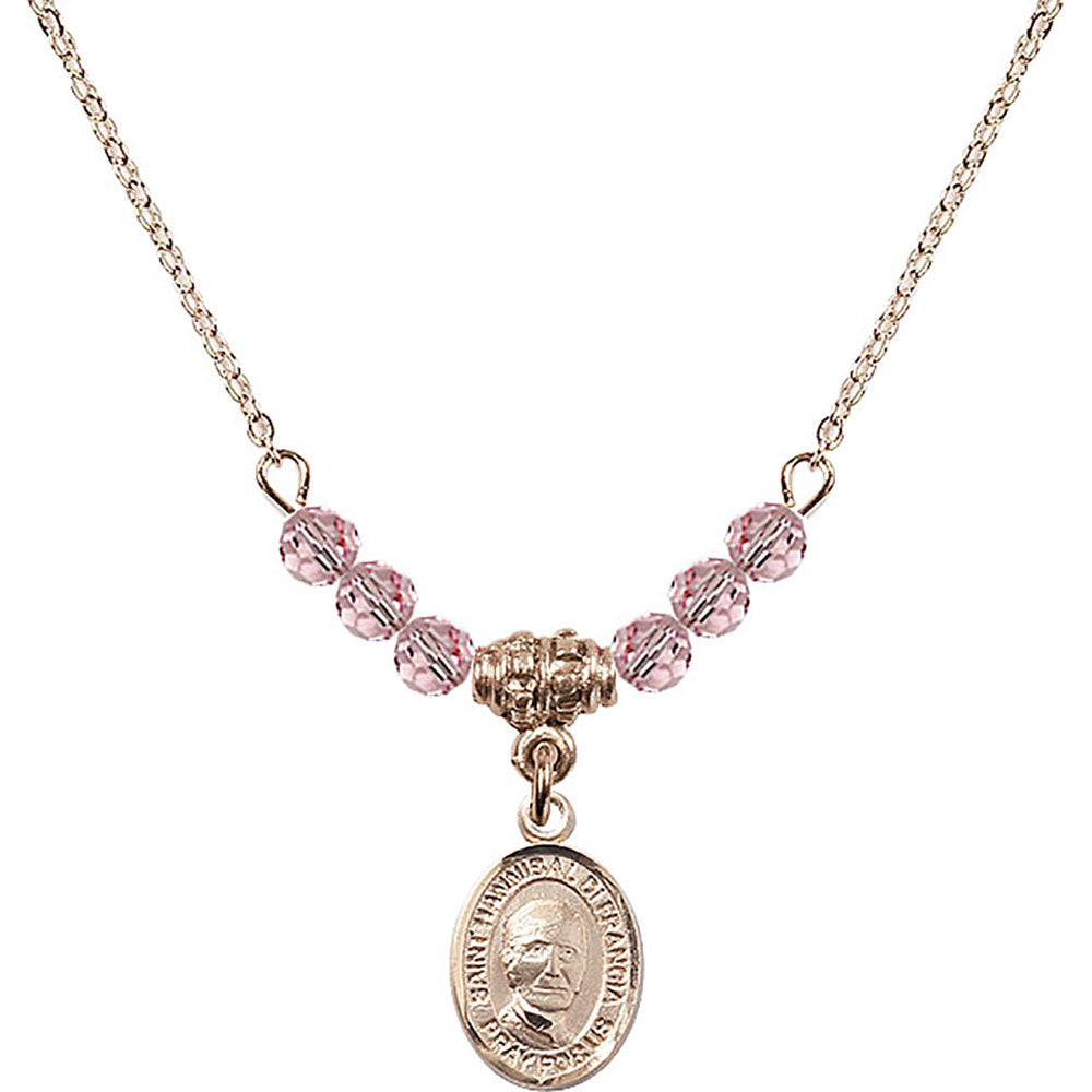 14kt Gold Filled Saint Hannibal Birthstone Necklace with Light Rose Beads - 9327