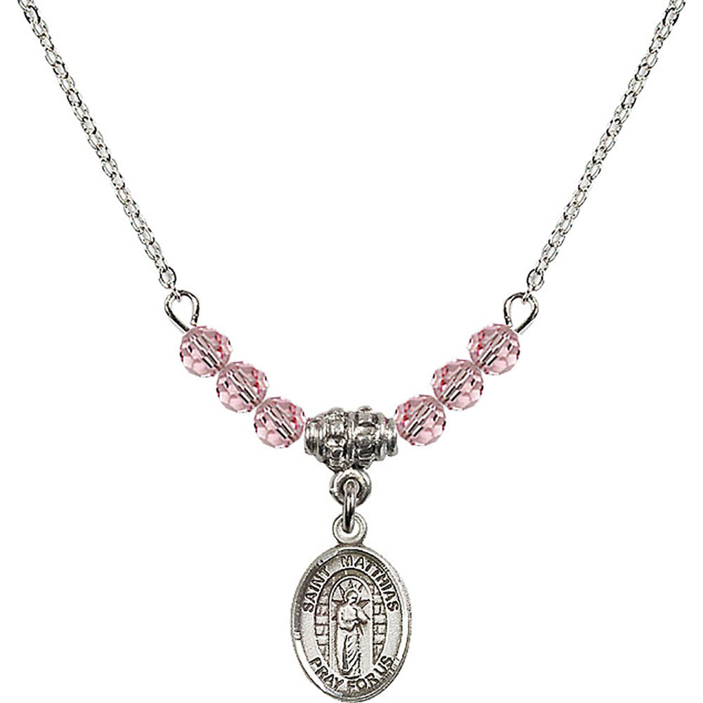 Sterling Silver Saint Matthias the Apostle Birthstone Necklace with Light Rose Beads - 9331