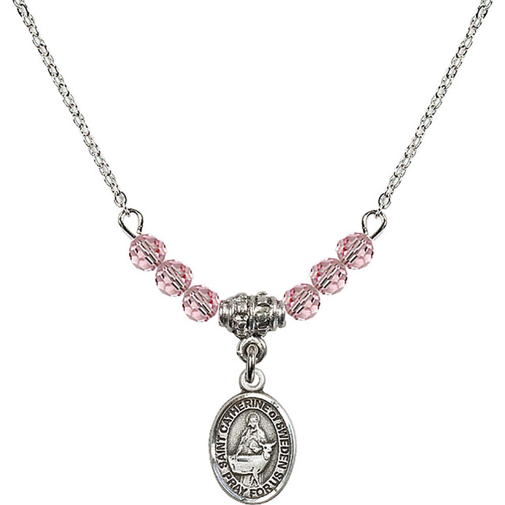 Sterling Silver Saint Catherine of Sweden Birthstone Necklace with Light Rose Beads - 9336
