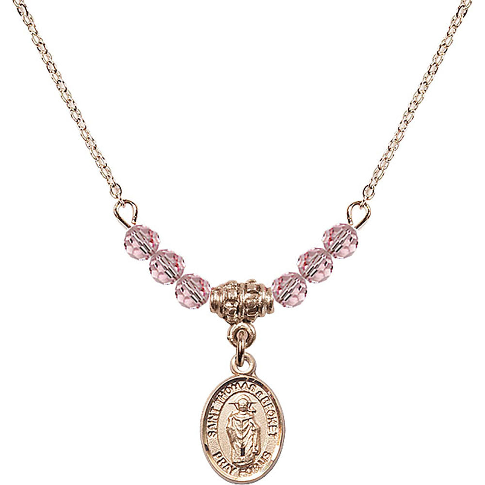 14kt Gold Filled Saint Thomas A Becket Birthstone Necklace with Light Rose Beads - 9344