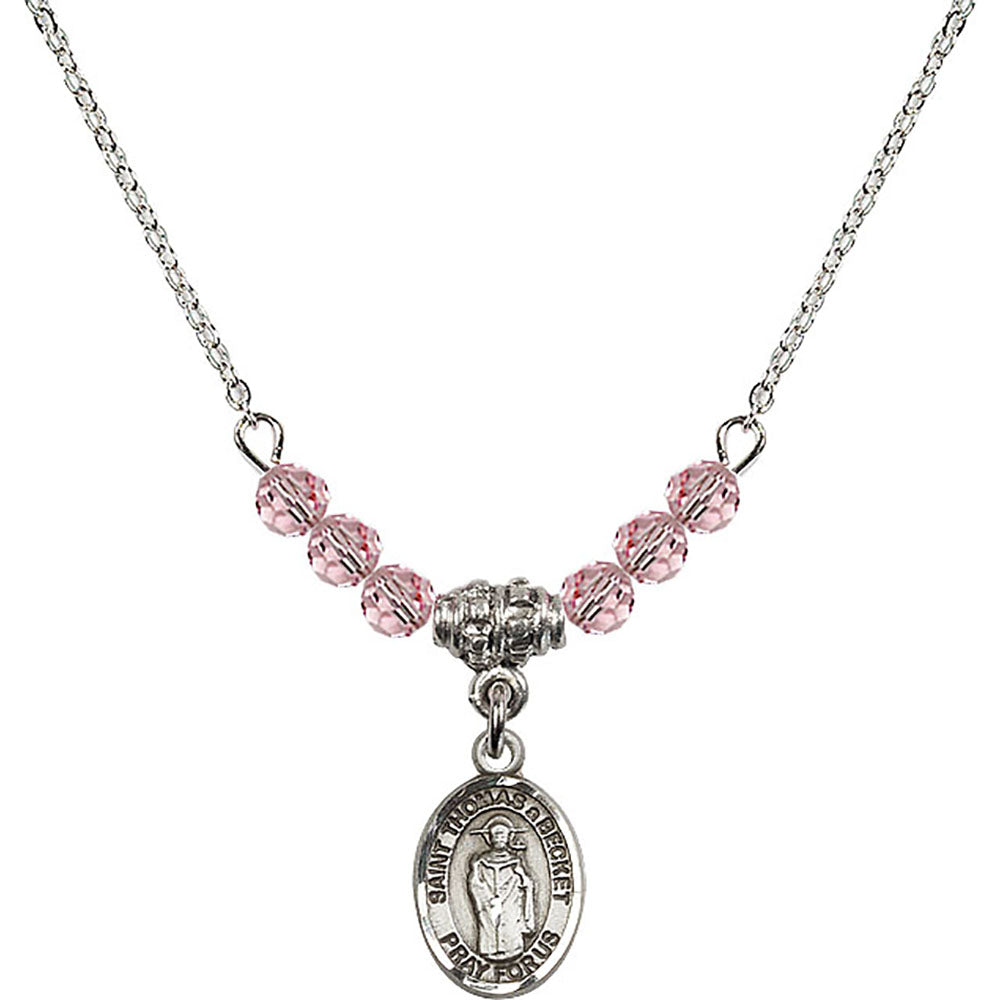Sterling Silver Saint Thomas A Becket Birthstone Necklace with Light Rose Beads - 9344