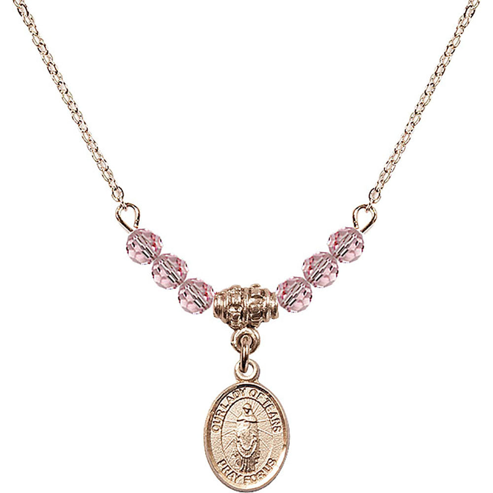 14kt Gold Filled Our Lady of Tears Birthstone Necklace with Light Rose Beads - 9346
